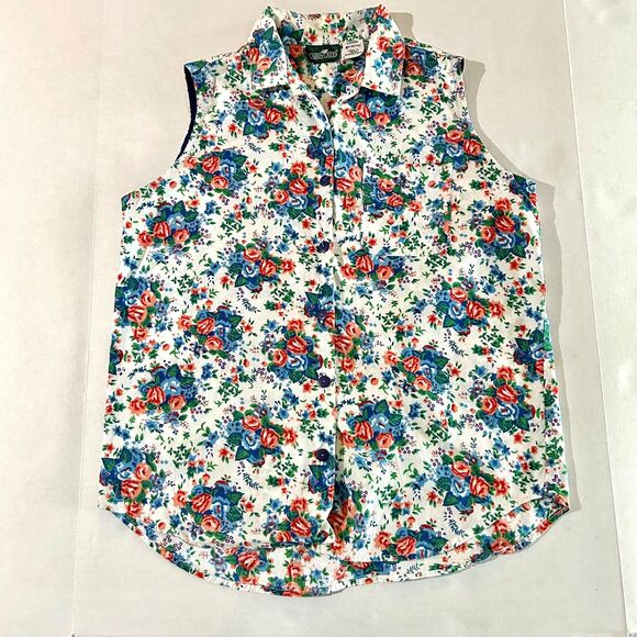 vtg 90s Sleeveless Floral Button Up Collared 100% Cotton Shirt, sz L, - Picture 3 of 5
